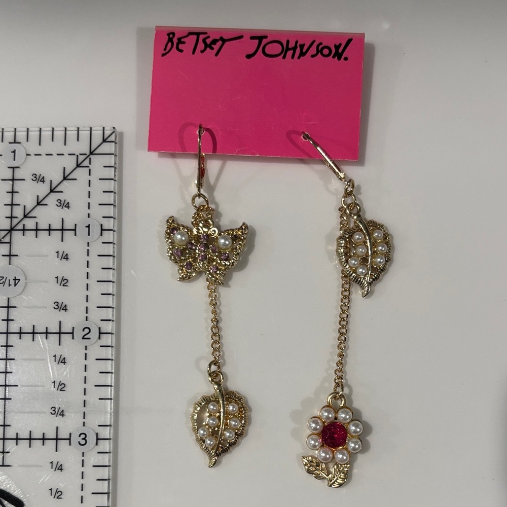 Betsey Johnson Gold Earrings with Pearl and Red Floral Charms